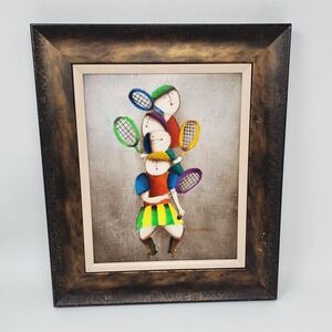 Vtg Framed Joyce Roybal "4 Tennis Players" Oil on Canvas Painting Sports 14"x12"
